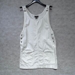 New‎ York Style White Denim Pinafore Dress Button Side Pockets Size M